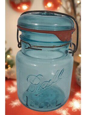 Jar BALL Ideal Aqua Pint With Match Glass Lid Red Rubber Seal 1923-1933 Vintage